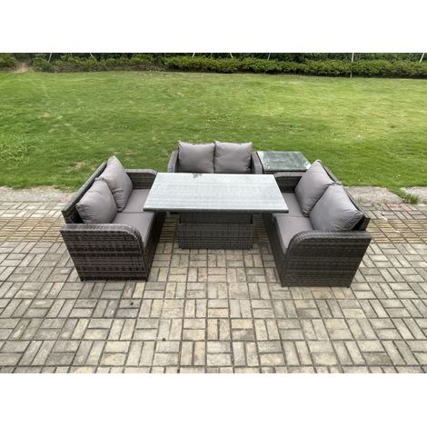 Fimous Outdoor Rattan Furniture Garden Dining Set Height Adjustable Rising lifting Table With 3 PC Love Sofa Side Table (1/5)