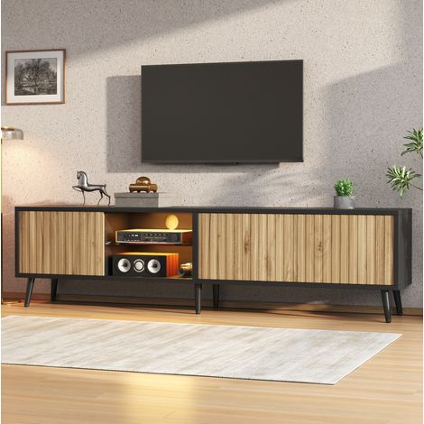 meuble tv 175 cm 3 portes LED bois naturel noir HAVRYA (1/5)