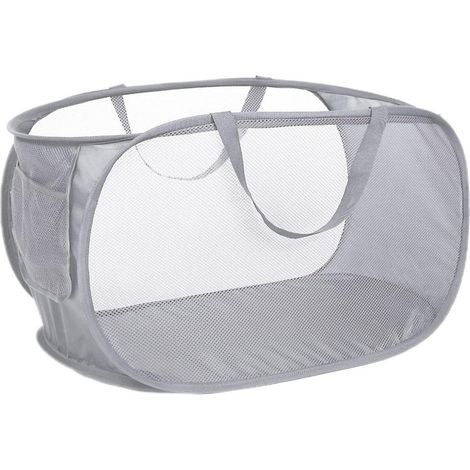 Cesto de ropa sucia plegable de malla resistente con bolsillo lateral y asas reforzadas para lavandería, baño, habitación infantil, dormitorio o viajes, gris