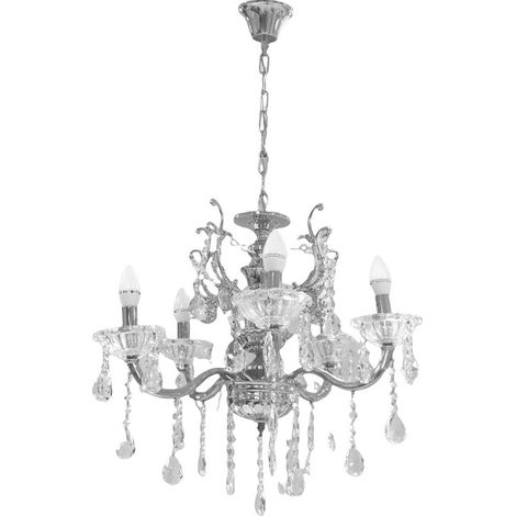 Lampadario da soffitto a 5 bracci plafoniera con sfere cristalli pendenti in acrilico lampada sospesa con catena retrò portalampada attacco e14 classico Argento