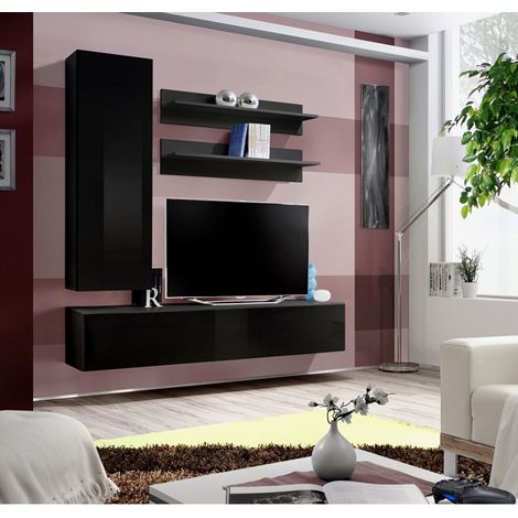 Ensemble meuble TV mural  - Fly I - 160 cm x 170 cm x 40 cm - Noir - Livraison gratuite