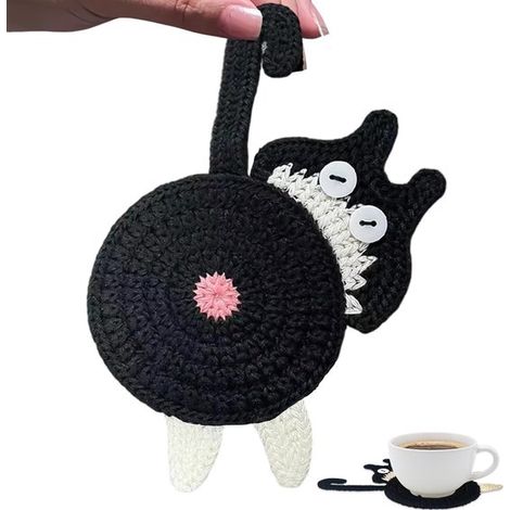 Posavasos divertidos de ganchillo con diseño de vaca y gato, tapete decorativo lindo y cálido, Bonita selección de regalos. 2 piezas (1/5)