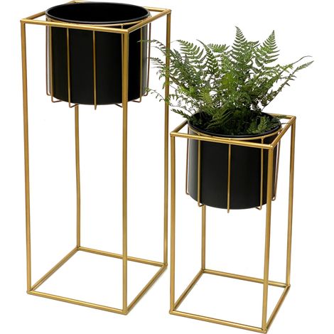 DanDiBo Blumenhocker mit Topf Metall Gold Schwarz Eckig 2er Set Blumenständer 96035 Blumensäule Modern Pflanzenständer Pflanzenhocker (1/5)