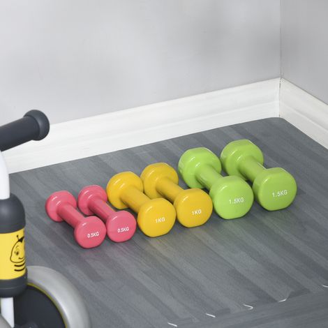 Juego de mancuernas para brazos con estuche, 6 mancuernas de 0,5 kg, 1 kg y 1,5 kg, de acero con revestimiento de PU, en rojo, amarillo y verde. (1/5)