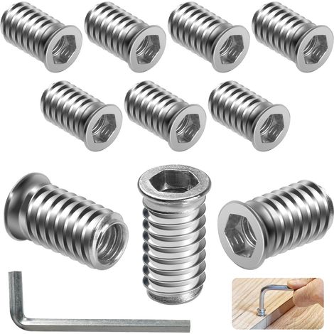 Lot de 10 écrous M8 x 20 Douilles filetées bois Insert fileté Écrou galvanisé Filetage six pans creux Pour meubles bois (1/5)