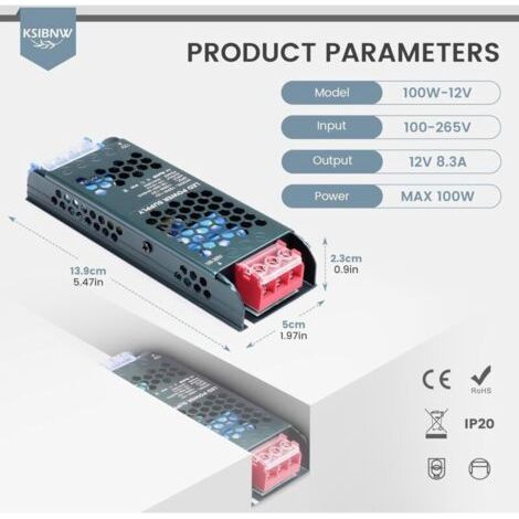 NALOOKAMIC Transformateur 220V 12V 100W LED Driver, Alimentation à Découpag 220V AC à 12V DC 8,3A Ultra Mince Transfo Adaptateur Conducteur à Tension Constante Basse Tension Adapter pour LED Bande