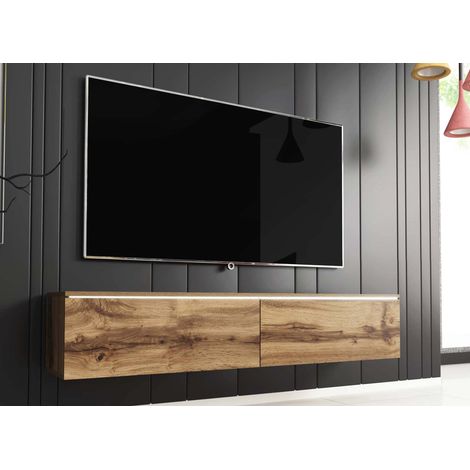 Deco In Paris – Meuble TV contemporain en chêne avec LED 2 portes – Largeur 140 cm – Profondeur 33 cm – Hauteur 30 cm – Rangement optimisé (1/4)