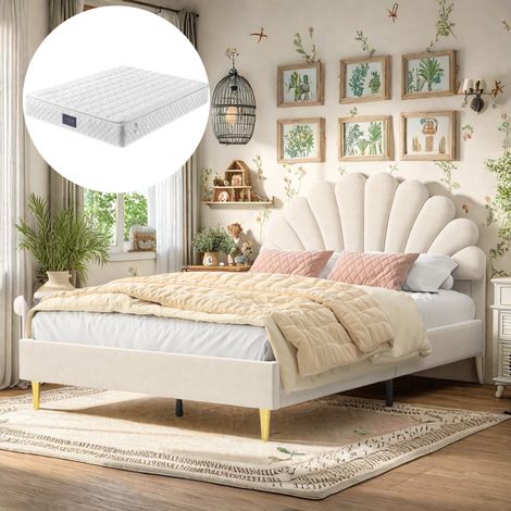 Letto matrimoniale 140x200 cm, Letto da principessa, tessuto in velluto, testiera a fiori, stile scandinavo, rete a doghe, Letto imbottito per adulti, Beige (con matelas) (1/5)