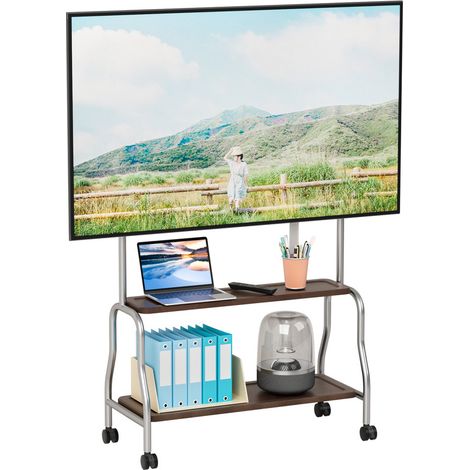 WILITTO Meuble TV à roulettes, étagères en bois à double niveau, Base trapézoïdale, MDF + acier inoxydable, Capacité de charge de 50 kg, Convient aux téléviseurs de 32 à 75 pouces, 85×32×112cm (1/5)
