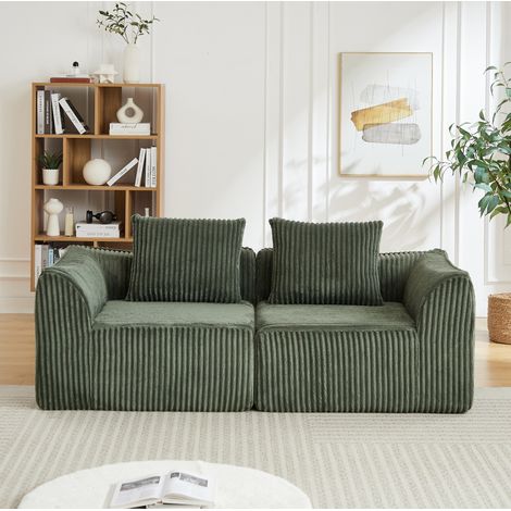 Sofá modular de pana verde con relleno de espuma, diseño curvo, sin montaje y fácil de mover (1/5)