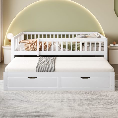 Canapé-lit en bois massif 140x200 cm avec sécurité, lit gigogne et 2 tiroirs de rangement – lit blanc pour enfant (1/5)