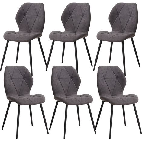 Wokaka Lot de 6 chaises - chaise de salle à manger vintage en forme de diamant - chaise en lin - pieds en métal(Gris)