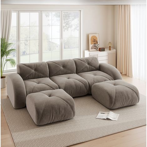Canapé modulaire 3 places taupe en chenille avec 2 poufs, sans montage (1/5)