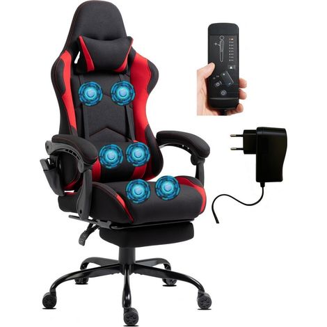 Chaise Gaming Ergonomique en Tissu, Massage 6 Points, Rouge (1/5)
