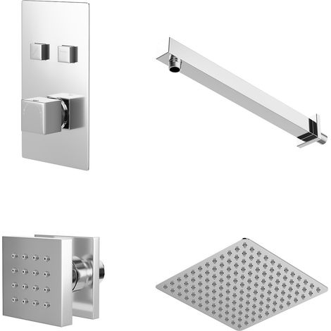 Cubix Polished Chrome Concealed Push Button Twin Thermostatic Shower Valve with Square Fixed Head and Body Jets - 2 Outlet (1/5)