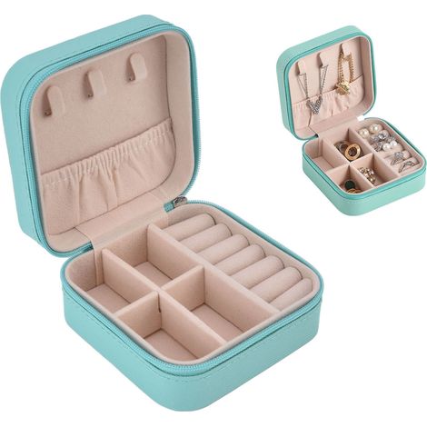 Schmuckkästchen aus Canvas, tragbares Schmuckkästchen, geeignet für Halsketten, Ohrringe und Ringe, Tiffany-Blau. (1/5)