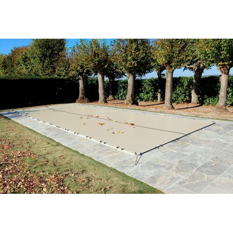 Bâche d'hiver beige 7,60 x 4,10 m pour piscine jusqu'à 7 x 3,5 m - Grille centrale d'évacuation - 550 g/m² - Livrée avec sandows et pitons