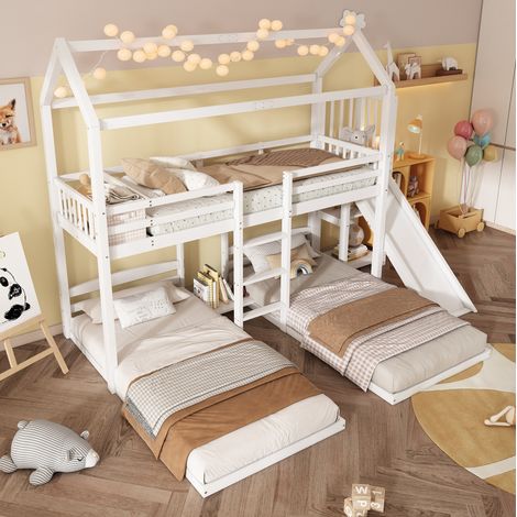 Etagenbett 90x200 cm weiß aus Kiefer und MDF mit Rutsche und Dachdesign (1/5)