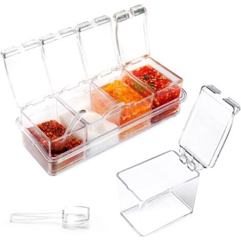 Lot de 4 boîtes d'assaisonnement transparentes, pots à épices en plastique avec couvercles et cuillère, pot à épices pour sel, sucre, thé, herbes, café