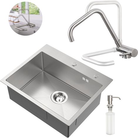 Fregadero de acero inoxidable + grifo de cocina abatible, 55 × 45 CM Fregadero empotrado con dispensador de jabón, grifo mezclador de fregadero con ventana frontal, cepillado (1/5)