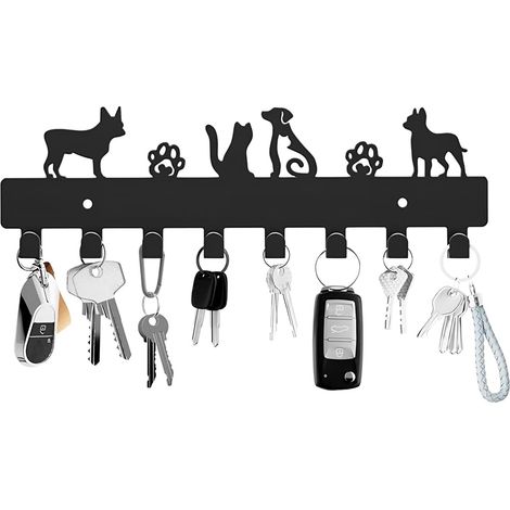 Porte-Clés Mural avec 8 Crochets Design Chien, Organisateur Entrée pour Clés et Laisse, Noir Mat (1/5)