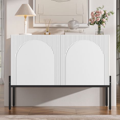 Credenza con 2 ante e gambe in metallo, buffet, cassettiera dal design a linee arcuate, stile moderno minimalista, bianca, dimensioni: L 100 cm / H 75 cm / P 40 cm (1/5)