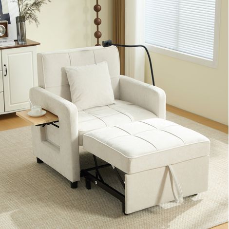 Poltrona letto 2 in 1 beige in ciniglia con cuscino e tasche laterali OKWISH (1/5)
