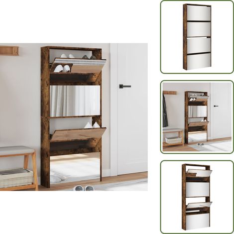 Scarpiera per ingresso - vidaXL Scarpiera con Specchio a 4 Livelli Rovere Fumo 63x17x134 cm - Scarpiera per soggiorno