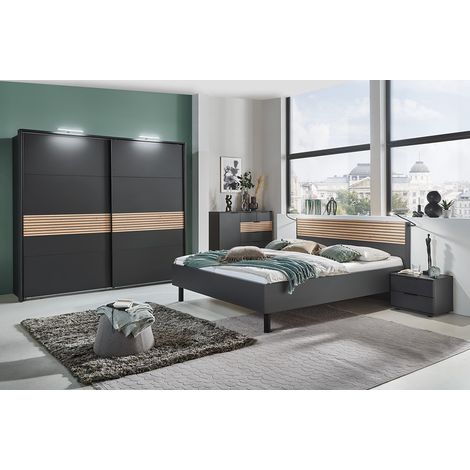 Ensemble de chambre à coucher complète (lit adulte 180 x 200 cm + 2 tables de chevet + armoire  + commode  )coloris graphite, rechampis aspect clayettes imitation chêne Artisan (1/5)