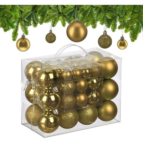 Relaxdays Bolas Árbol Navidad, Set de 50 Unidades, Plástico, Brillantes y Mates, Decoración Navideña, Adornos, Dorado (1/5)