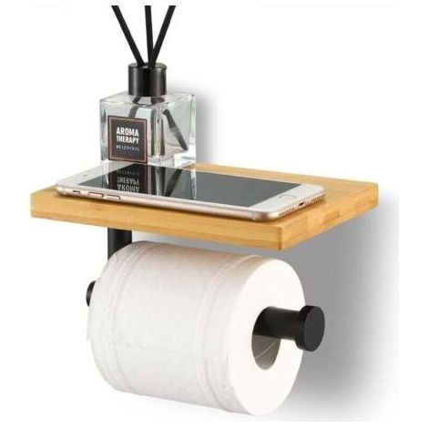 Wandmontierter Toilettenpapierhalter aus mattschwarzem Edelstahl SUS304 – Ablage aus natürlichem Bambus – Für große Rollen (1/5)