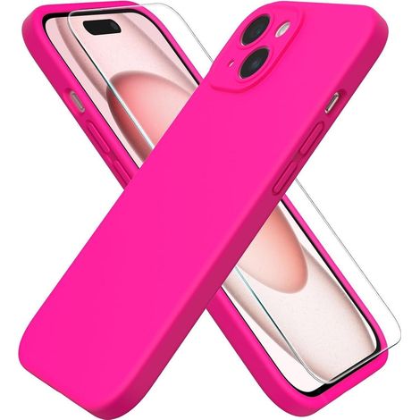 Coque en silicone liquide pour iPhone 15 avec protection caméra et écran, rose vif (1/5)