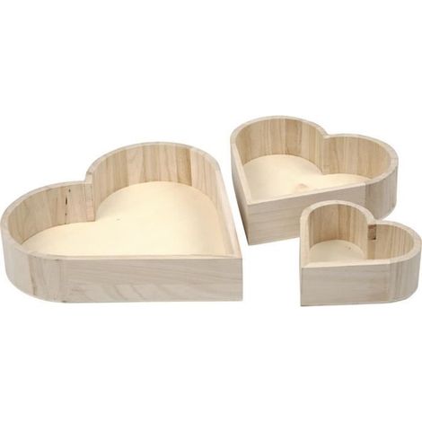 Bols en bois - Creotime - Forme de cœur - 3 pièces - Longueur 13-25 cm - Blanc