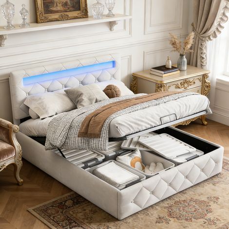 Lit 140x200 avec Sommier LED et USB C, Lit Coffre 140x200 avec Rangement hydraulique et Tete, Double avec à Lattes 2 Personnes,Rembourré Cadre depour Adultes, Adolescents, Velours, Blanc (1/5)