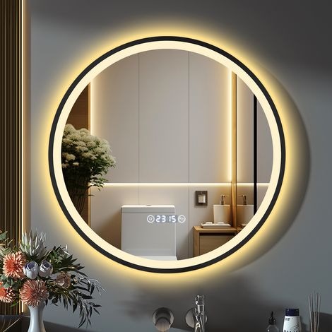 Miroir rond LED éclairé 70 cm avec horloge – Cadre noir, anti-buée, variable, 3 températures de lumière, interrupteur tactile, fonction mémoire, économe en énergie (1/5)