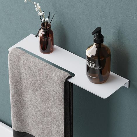 Mai & Mai Mensola da Parete Multifunzionale 40cm, Mensola per Doccia in Alluminio con Portasciugamani Mensola da Appendere per Bagno e Cucina, Bianco Opaco, Reglo-06