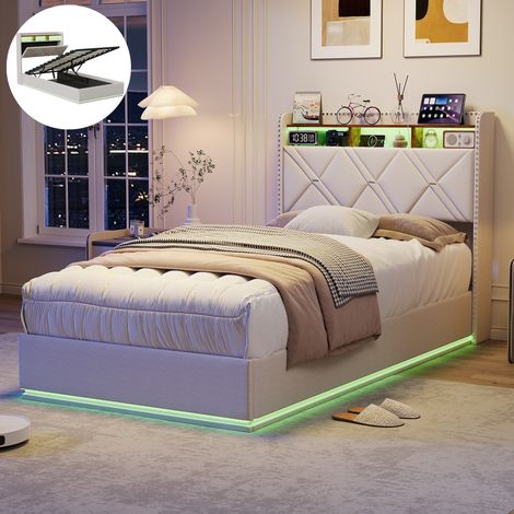 Lit 90x200cm, coffre de rangement, Lit simple avec port USB et LED, Sommier Inclus, Gain de Place, Beige, lin (1/5)