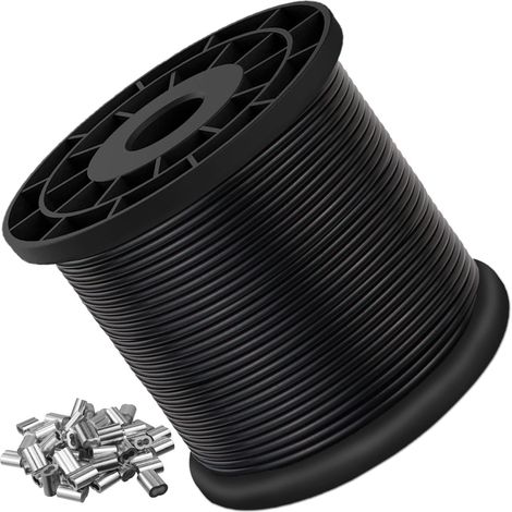 Câble métallique gainé de 4 mm, 100m Câble métallique, avec revêtement en PVC, 100 embouts à sertir pour rideaux de clôture d'extérieur, clôture, corde à linge, noir (1/5)
