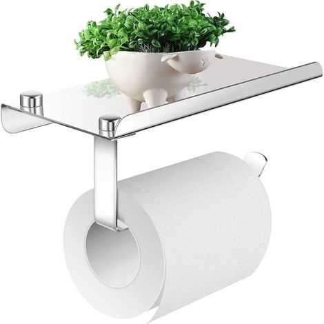 Soporte de papel higiénico de acero inoxidable con almacenamiento para teléfono, sin necesidad de taladrar, instalación mural o autoadhesiva para cocina y baño (1/5)