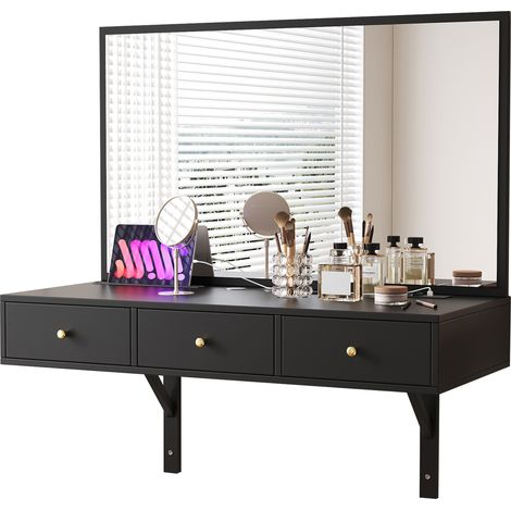 Toeletta da parete CHICFURN 100x45x105 cm in truciolato nero, specchio e contenitore