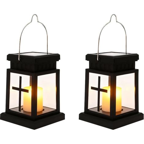 2 Lanterne funéraire solaire, plastique noir, LED clignotante, pour cimetière et jardin (1/5)
