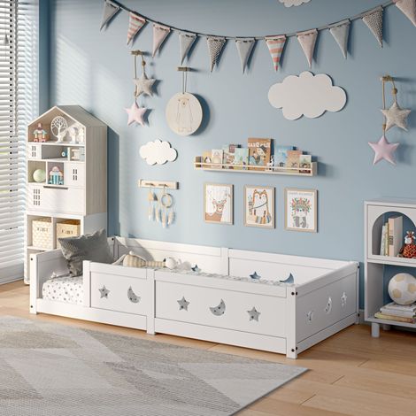 Lit au Sol 90x200 cm, Lit Enfant au Sol avec Barriere, lit Montessori, Blanc (1/5)