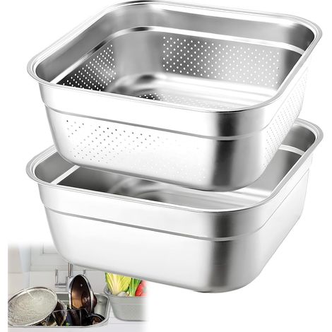 2-in-1 Spülschüssel-Set aus Edelstahl, 32,5 cm, mit Sieb lebensmittelechte Spülschüssel zum Waschen von Obst und Gemüse, Abtropfen von Reis, Nudeln und anderen Lebensmitteln (1/5)