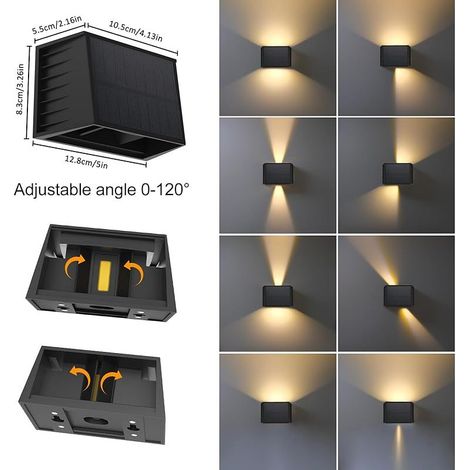 Lot de 4 Applique Murale Exterieur Solaire, 3000K Lumière Chaude Lampe Solaire Murale Exterieur avec Faisceau Lumineux Réglable de Haut en Bas, Lampe Solaire Étanche pour Mur, Jardin, Clôture (1/5)