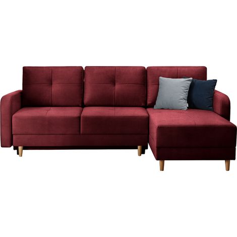 Canapé d'angle convertible et réversible velours KINDO - Pieds bois clair-Bordeaux (1/5)
