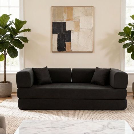 Sofá cama convertible negro de terciopelo acanalado con cojín cilíndrico (1/5)