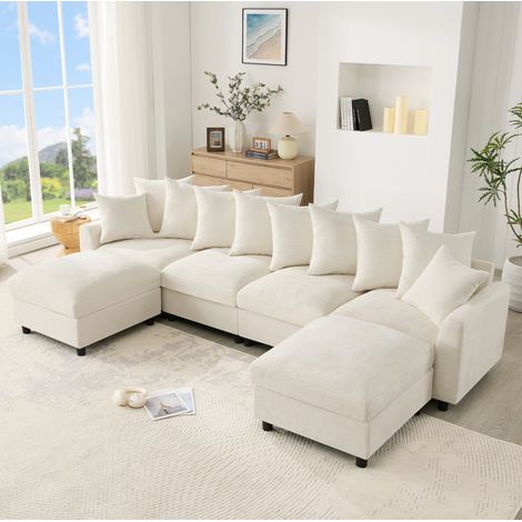 Canapé d’angle modulable 6 places en u ou l avec 2 poufs, ports usb et type-c, chenille beige (1/5)