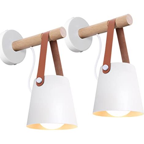 Lot de 2 Applique Murale Intérieur Vintage Lampe Murale Moderne E27 Luminaire Abat-jour en Métal avec Support en Bois Suspension (1/5)
