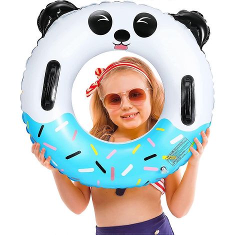 Bouée de piscine gonflable avec poignées résistantes, en PVC, motif animal, idéale pour les fêtes d'enfants et les débutants, 60 cm, panda bleu. (1/5)