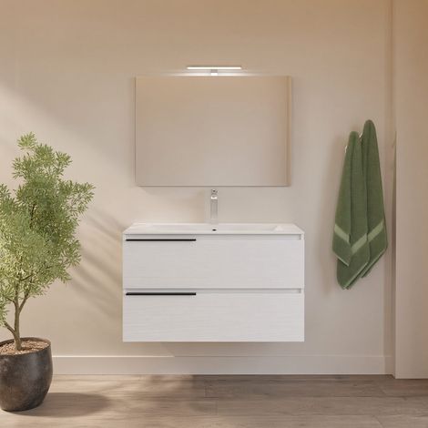Meuble De Salle De Bain Suspendu 100 Cm Avec 2 Tiroirs, Vasque En Céramique, Miroir Et Lampe Berlin (1/5)